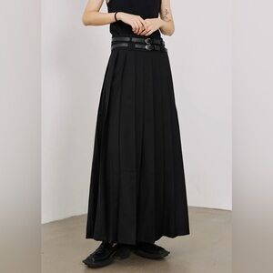 Pleated black DOUBLE belt Maxi Skirt